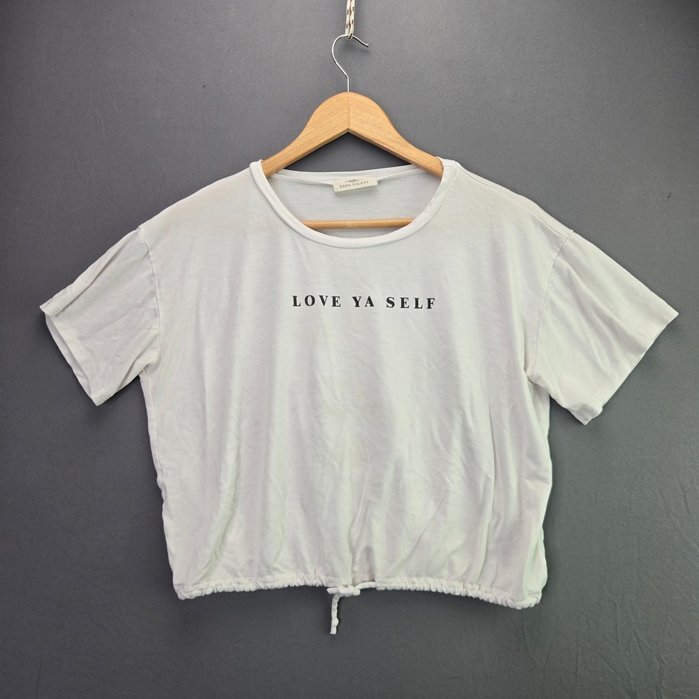 Rebel Society Graphic Tee Love Ya Self White Drawstring Hem Top Size M L Slv